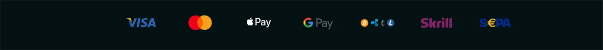 Dark payment methods strip showing logos for Visa, Mastercard, Apple Pay, Google Pay, Bitcoin, Skrill, and SEPA.